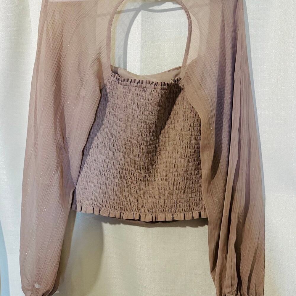 WAYF Metallic Thread Balloon Sleeve Top In Mocha - Picture 3 of 7
